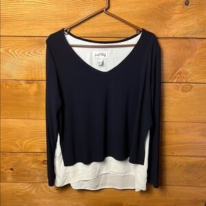 Joseph Ribkoff womens 14 Black white faux layered Long sleeve top Blouse V Neck